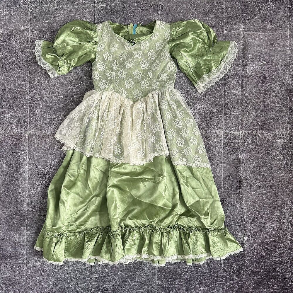 Women's Vintage 50's Handmade Green Silk Floral CottageCore Tinkerbell Dress XS